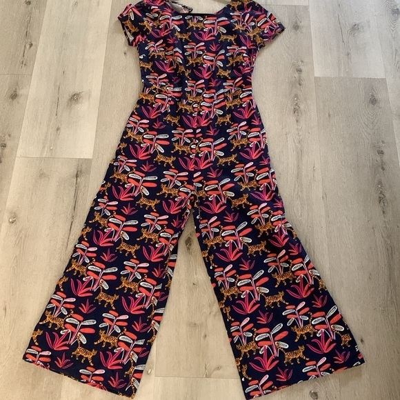 ModCloth Cat floral Print Jumpsuit size S‎ navy pockets linen navy summer party - Picture 9 of 14